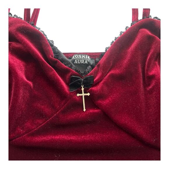 Cosmic Aura Slip Dress Womens 1X Burgundy Velvet Adjustable Straps Lace Hem Goth - Picture 10 of 12